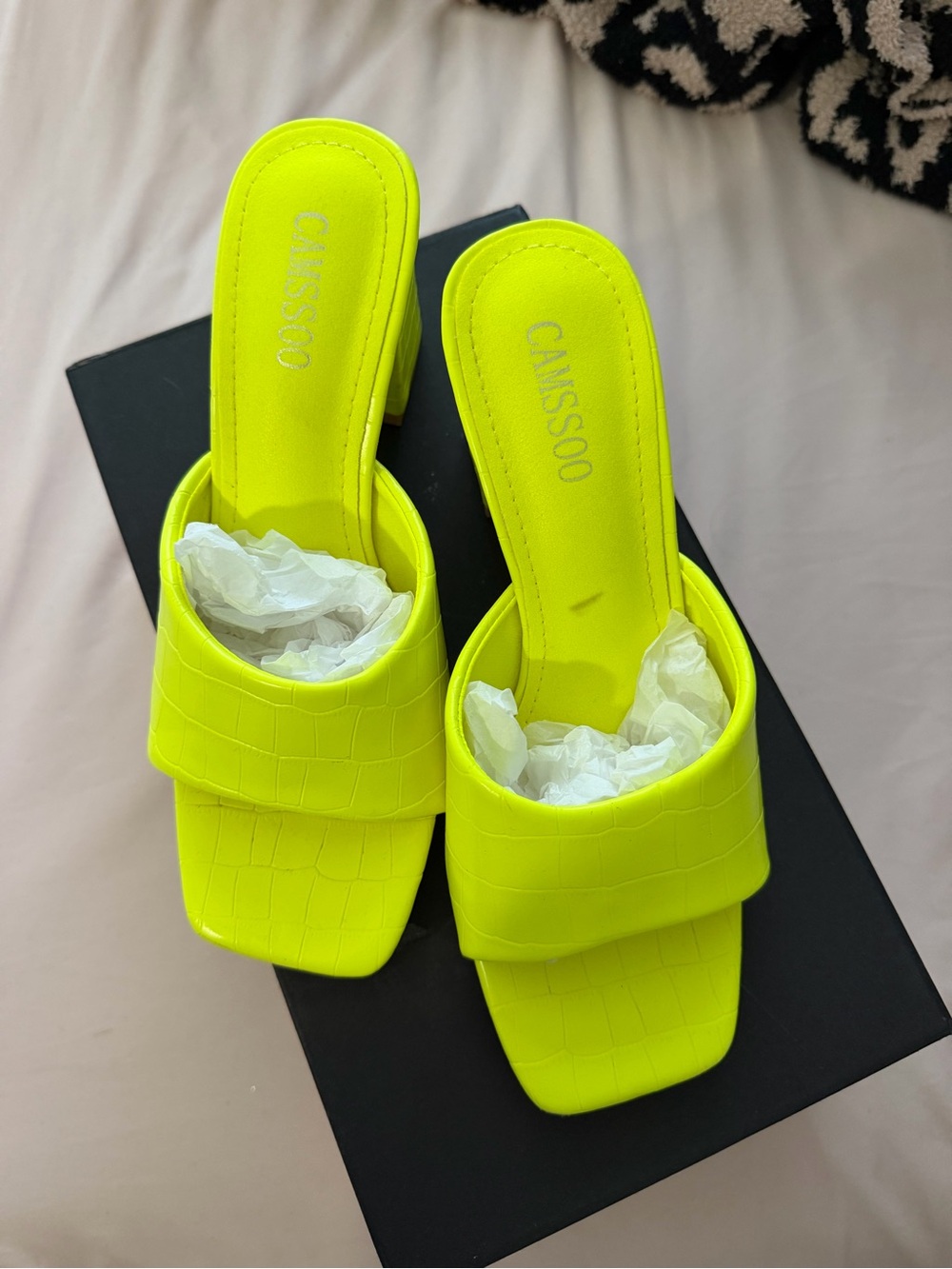 Neon Yellow Square-Toe Slide Heels